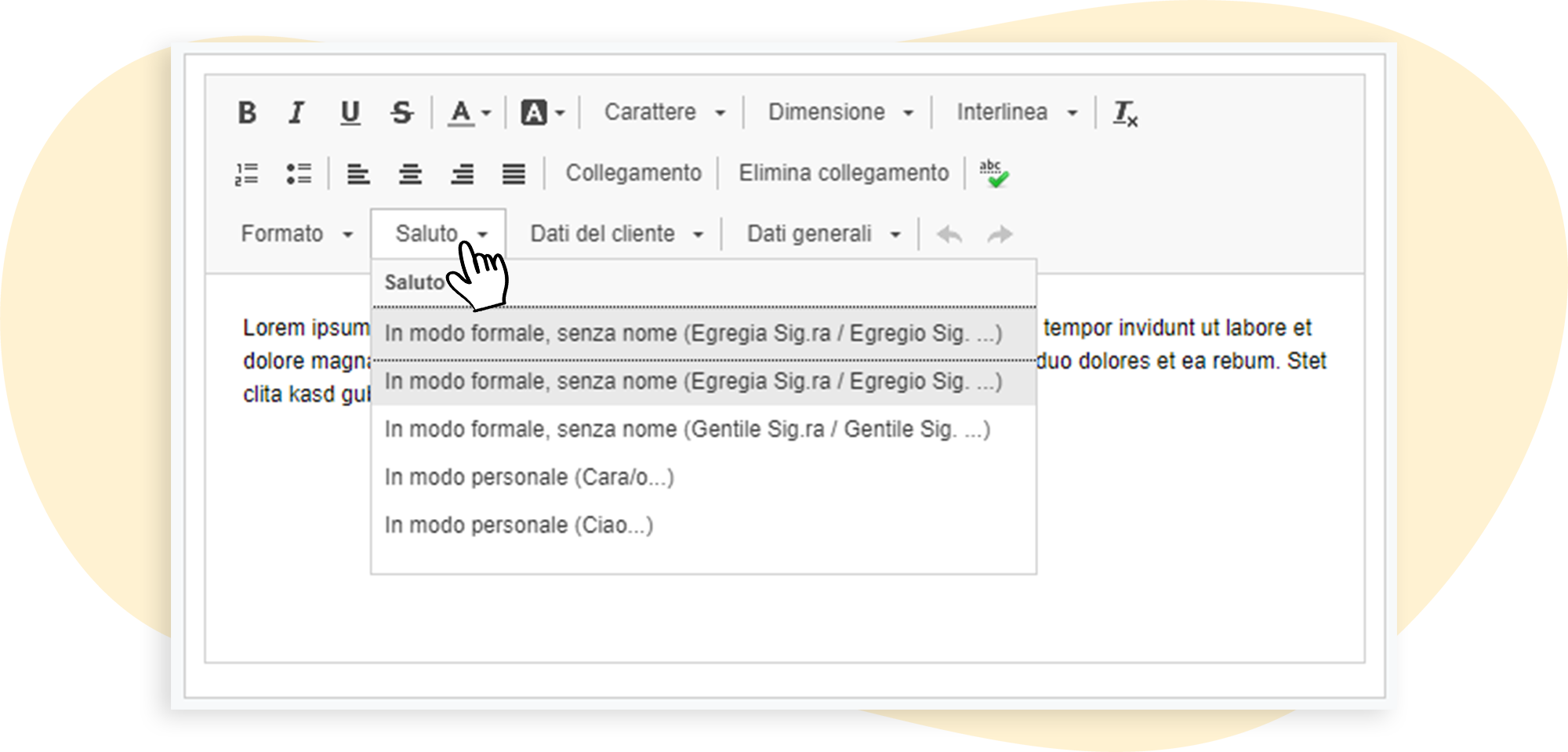 Opzioni di selezione per il saluto personalizzato nell'editor di email di rapidmail