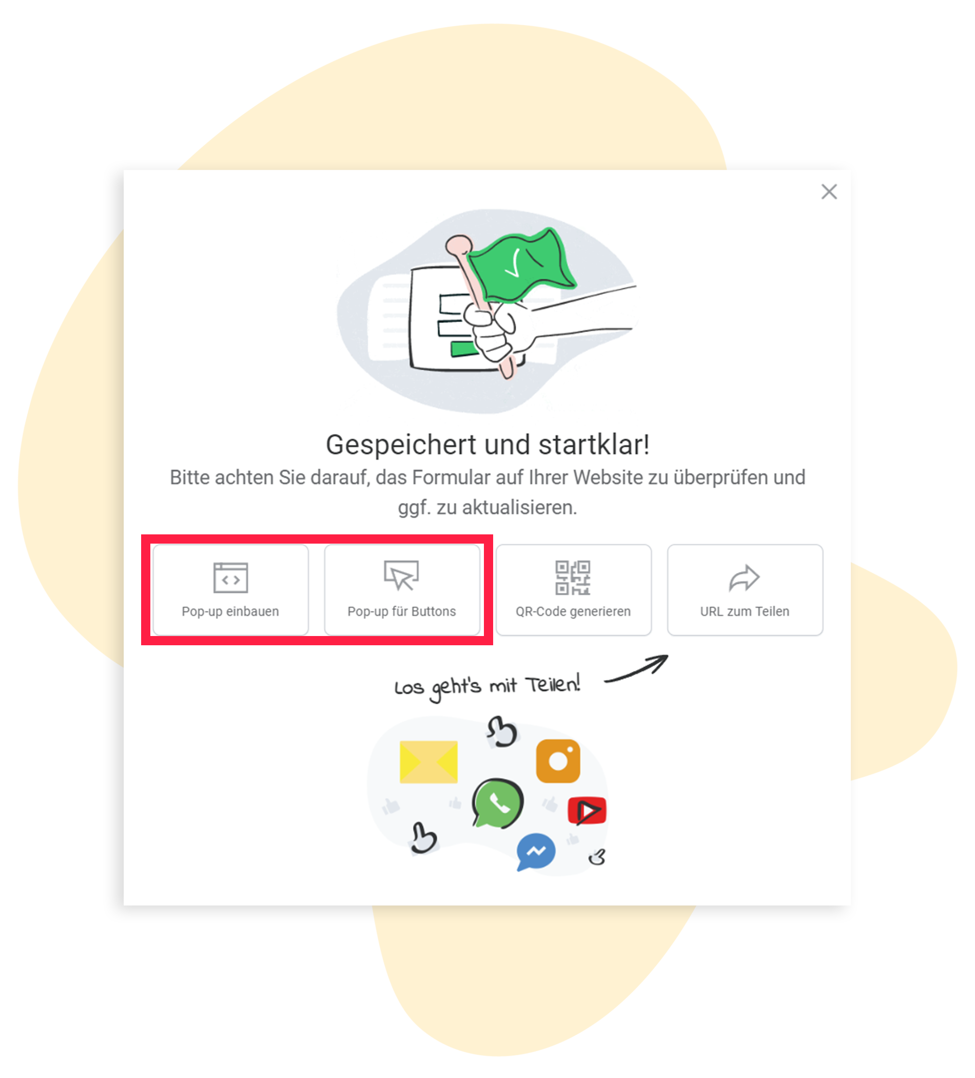 Anzeige von Einbaucodes der Anmeldeformulare und die Optionen zum Teilen Ã¼ber QR-Code / URL