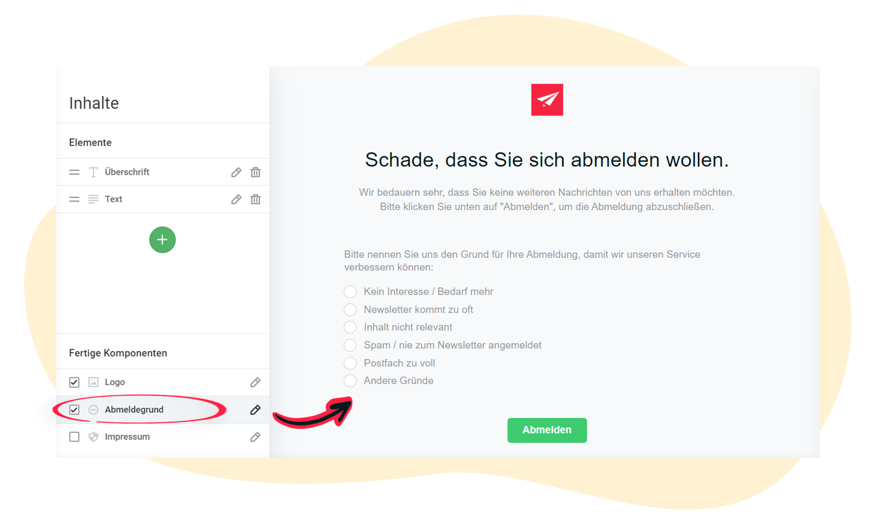 Ansicht im Editor: Abmeldeseite und AbmeldegrÃ¼nde zum Anklicken